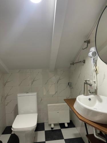 a bathroom with a white toilet and a sink at Guest House Shtili in Prezeti