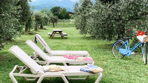 eine Gruppe Stühle und ein Picknicktisch und ein Fahrrad in der Unterkunft Agriturismo Fioralba in Polpenazze del Garda