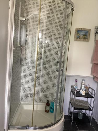 y baño con ducha y puerta de cristal. en Riverview Apartment, en Buncrana