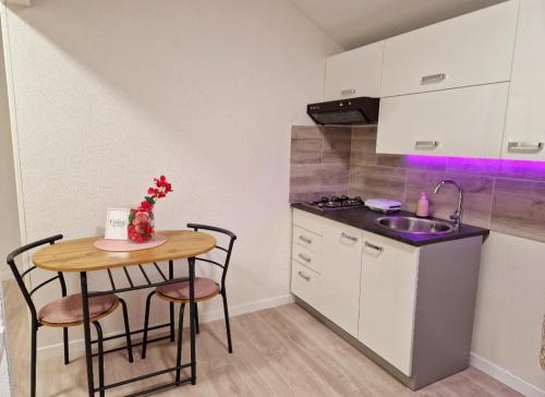 a small kitchen with a table and a sink at STUDIO APP & Beauty Loza in Zambratija