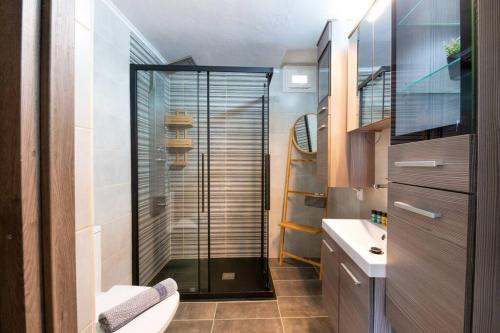 uma casa de banho com um chuveiro, um WC e um lavatório. em Porto Gaios House em Gaios