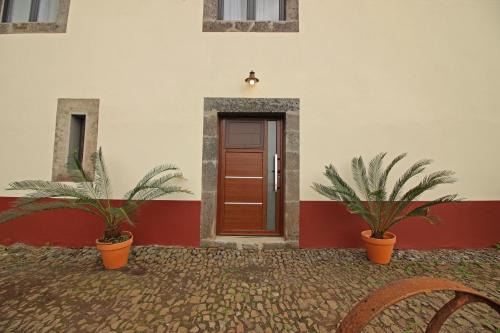 a house with two plants in front of a door at Solar Arco de São Jorge in Santana