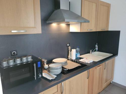 un comptoir de cuisine avec un micro-ondes et un évier dans l'établissement maison 2 chambres spa centre ville spa, à Quimper