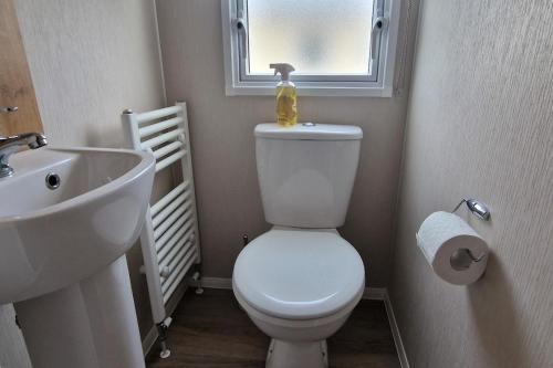 y baño con aseo blanco y lavamanos. en Lovely Caravan Nearby The Beach In Hunstanton, Norfolk Ref 23071c, en Hunstanton