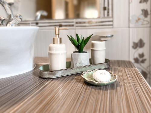 a bathroom counter with a tray with soap and cosmetics at Kaloudis Studios & Apartments in Dassia