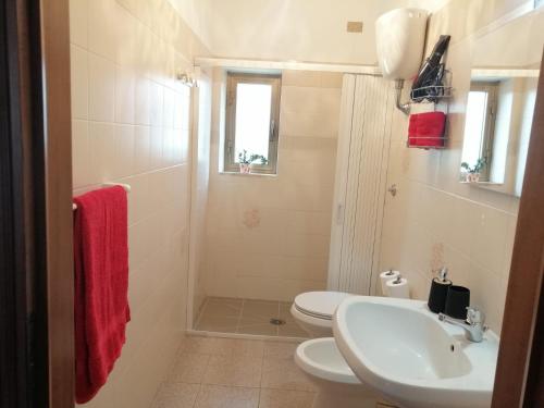 Łazienka z białą toaletą i umywalką w obiekcie Agriturismo Podere Verdicchio w mieście Scansano