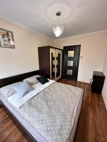 a large bed in a bedroom with a chandelier at Apartament Dąbrowskiego - Gliwice in Gliwice
