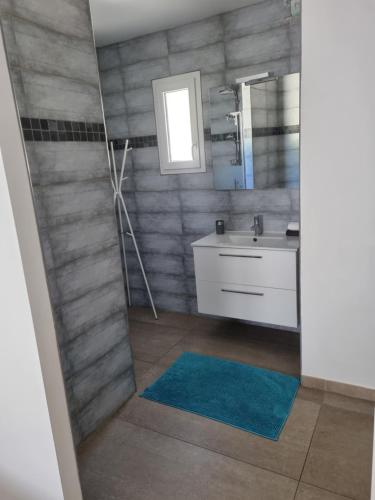 une salle de bain avec une douche avec un lavabo et un miroir dans l'établissement Magnifique villa avec piscine dans sud de la France, à Saint-Gervasy