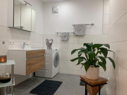 uma casa de banho com uma máquina de lavar roupa e um lavatório em Appartement Dorfblick em Auffach