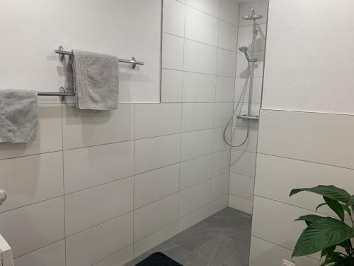 a bathroom with a shower with white tiles at Appartement Dorfblick in Auffach