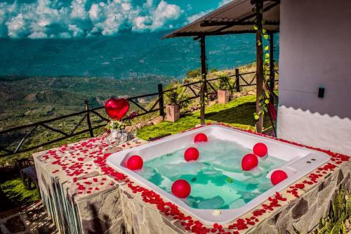 ein Whirlpool mit roten Bällen darin auf einem Tisch in der Unterkunft GLAMPING PUNTA CAÑON in Villanueva