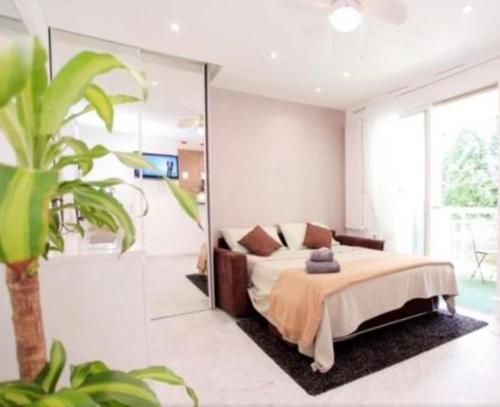 a bedroom with a bed and a glass wall at Superbe Studio in Nice at 450m. from the sea in Nice