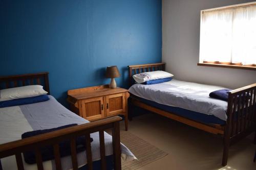 2 camas en una habitación con paredes azules y ventana en Waterberg Hideaway, en Thabazimbi