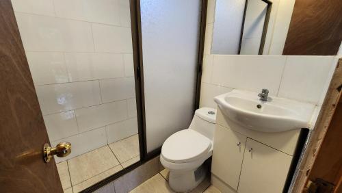 een badkamer met een toilet en een wastafel bij Cabañas Manuto Piataro in Hanga Roa