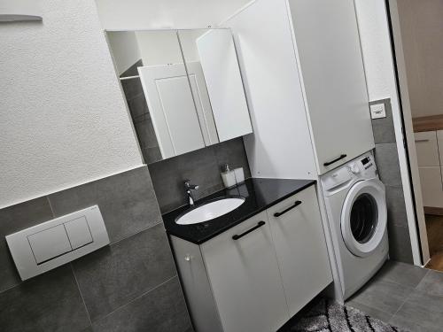 a bathroom with a sink and a washing machine at Rossignol in Zermatt