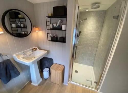 a bathroom with a sink and a shower at Beautiful Aberaeron Gem in Aberaeron