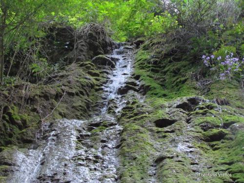 a waterfall on the side of a hill with trees at Homer Studio in Nydri