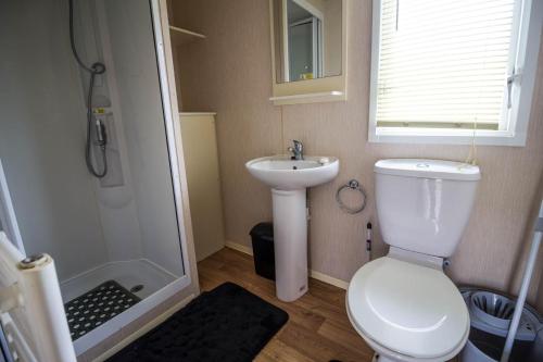 a bathroom with a toilet and a sink and a shower at 8 Berth Caravan With Decking At Sunnydale In Lincolnshire Ref 35087s in Louth