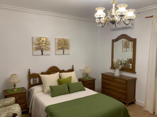 a bedroom with a bed with green sheets and a chandelier at El Encanto de Abadía in Abadía