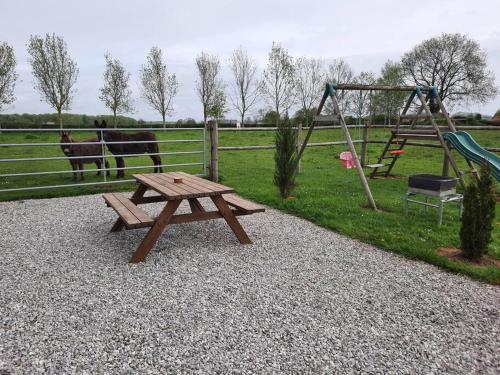a picnic table with a swing and a playground at Maison individuelle in Pommeréval