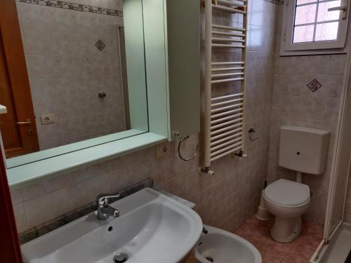 ein Badezimmer mit einem Waschbecken, einem WC und einem Spiegel in der Unterkunft Casa Il Carruggio in San Bartolomeo al Mare
