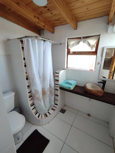 bagno con servizi igienici e specchio di Alojamientos CUYEN para 2 o 3 personas Playa Quequen y El Faro a Quequén