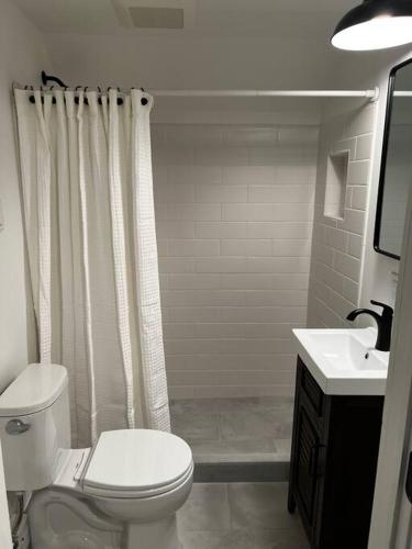 a white bathroom with a toilet and a sink at Blue Vieira Cottage in Fennville