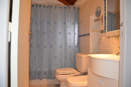 a bathroom with a toilet and a shower curtain at Apart Hotel Bungalows Matute in San Carlos de Bariloche