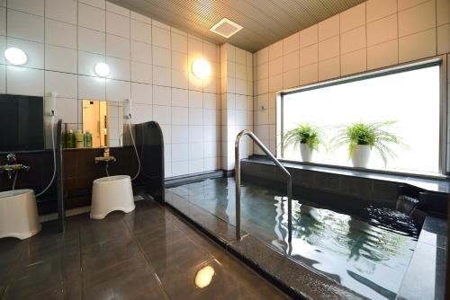 a bathroom with a pool of water and two toilets at Sunrise Inn Iwaki in Iwaki