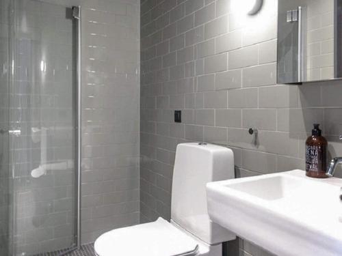 ein Bad mit einem WC, einem Waschbecken und einer Dusche in der Unterkunft Holiday home SÄLEN II in Stöten