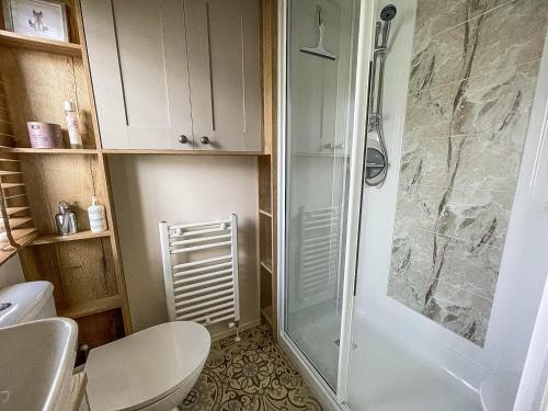 a bathroom with a shower and a toilet at Modern Caravan With Large Decking Area And Wifi, Ref 60057ch in Saxmundham