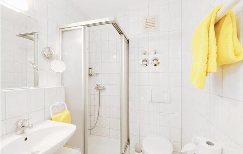 ein weißes Bad mit einer Dusche und einem Waschbecken in der Unterkunft Ferienpark Schwarzholz in Viechtach