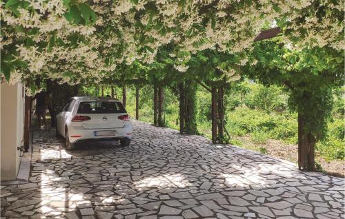 a white car parked on a stone road with trees at Pet Friendly Home In Kiato With Sauna in Kiáton
