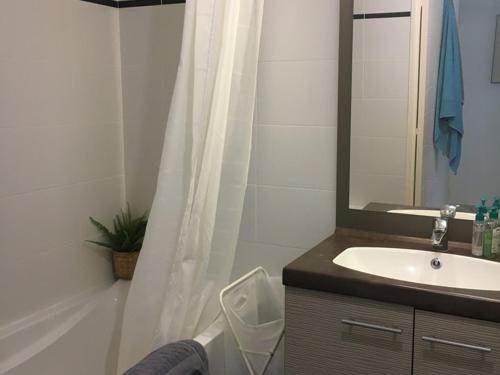 une salle de bain avec un lavabo et un rideau de douche dans l'établissement Hyères : T2 avec clim, piscine & parking au Port - FR-1-335-190, à Hyères