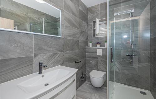 ein Bad mit einem Waschbecken, einer Dusche und einem WC in der Unterkunft Amazing Apartment In Sibenik With Jacuzzi in Šibenik