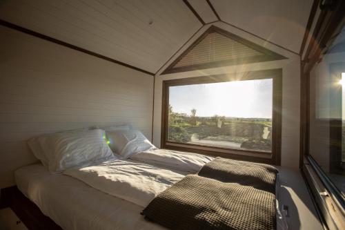 łóżko w pokoju z dużym oknem w obiekcie Dolce Casa 1 w Arezzo
