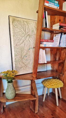 une étagère avec une carte et un vase avec une plante dans l'établissement La cabane du bonheur, à Saint-Simon