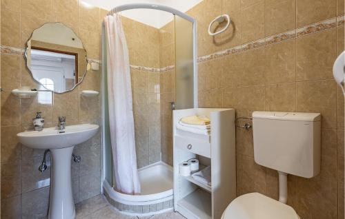 a bathroom with a sink and a toilet and a mirror at Stunning Apartment In Pag With Wifi in Pag