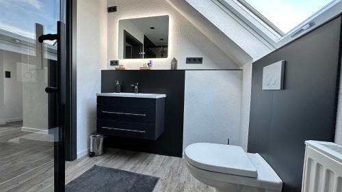 a bathroom with a toilet and a sink and a mirror at B&W Apartments in Morschen