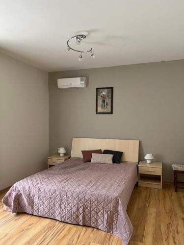 Summer Host Apartment Onegin في سوزوبول: غرفة نوم بسرير ولحاف بنفسجي