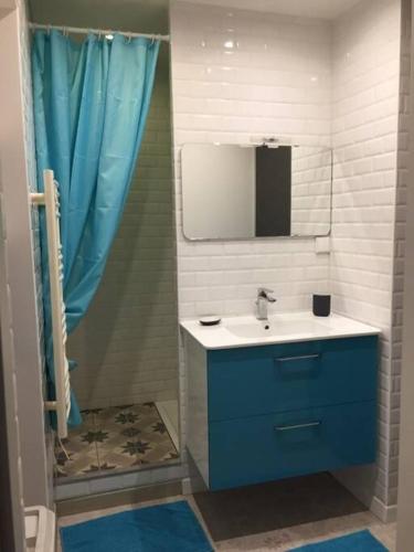 une salle de bain avec un lavabo bleu et un miroir dans l'établissement ANNECY BREAK, à Annecy