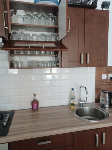 a kitchen with a sink and a counter top at Dom z Sauną i Jacuzzi dla dwóch rodzin Siłownia Kajaki in Gołdap