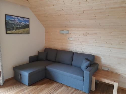 a living room with a blue couch in a room at Forsterhof in Haus im Ennstal