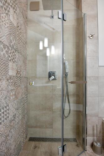 a shower with a glass door in a bathroom at Apartament u Roberta Bieńka in Kazimierz Dolny