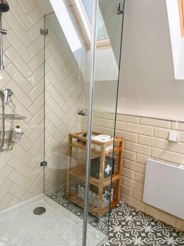 a bathroom with a shower with a glass door at Csendár Cottage Balaton in Hegymagas