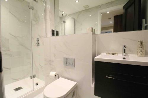een badkamer met een toilet, een wastafel en een douche bij Jubilee apartment, Winchester in Winchester