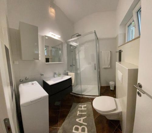 a bathroom with a shower and a toilet and a sink at Nice Place in Stanići