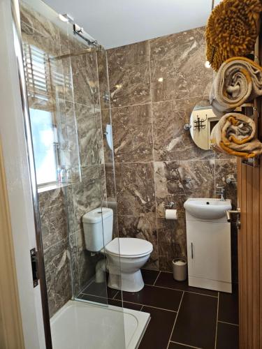 a bathroom with a toilet and a shower at The Hyding Place on George Street in Whitby