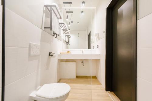 a bathroom with a toilet and a sink at Amazonia Hotel in Timişoara