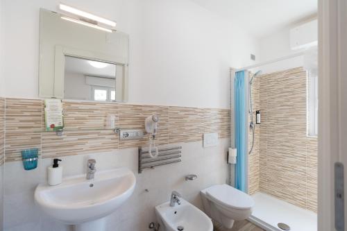 La salle de bains est pourvue d'un lavabo, de toilettes et d'un miroir. dans l'établissement Pineto Resort, à Pineto